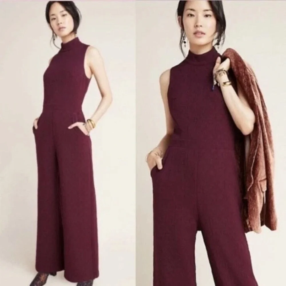 Eva Franco Jumpsuit Women Extra Small Maroon Charlie Textured High Neck Wide Leg